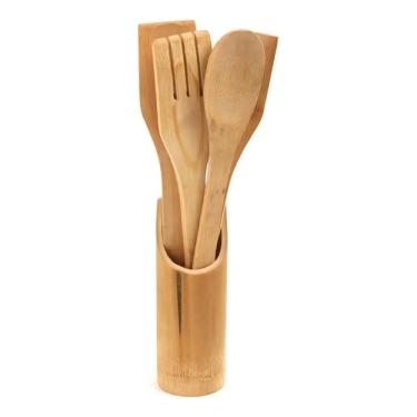 Imagem de 2X Porta Utensílio Com Colher Garfo Espátula Em Bambu 5 Peça