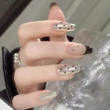 Imagem de Kit de unhas de pressão de caixão médio francês preto conjunto de unhas falsas com design simples de bolinhas cobertura completa cola em bastão falso artificial em unha de acrílico para mulheres 24