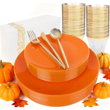 Imagem de MirthMood 210 peças de pratos de plástico laranja, pratos de jantar de plástico de Ação de Graças – O conjunto de pratos de plástico inclui 30 pratos de jantar, 30 pratos de sobremesa, 30 xícaras e 50