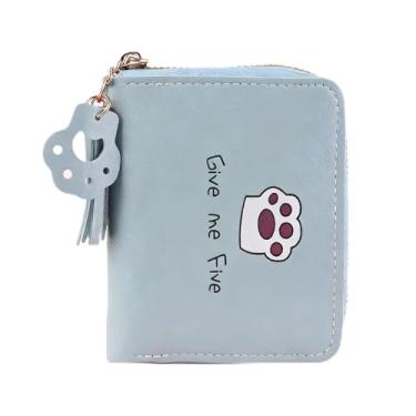 Imagem de Carteira feminina de poliuretano dobrável com zíper de franja, mini carteira fofa com estampa de garras, porta-cartões pequeno e leve com 6 compartimentos e 1 bolso com zíper para encontros, compras