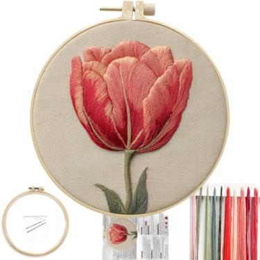 Imagem de FONNUY Kit de bordado para iniciantes, kits de padrão pré-estampado de flores de tulipas para adultos com argola, costura de linha colorida fácil de seguir, argola de 20 cm (vermelho)