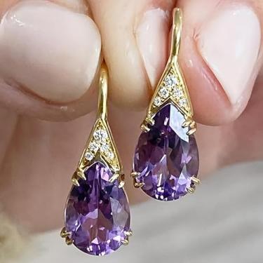 Imagem de Brincos pendentes requintados de zircônia roxa para mulheres, festa de casamento, moda, banhado a ouro, joias para presente, One Size, Cobre, Criou Amethyst