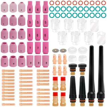 Imagem de LZVXTYM Kit de acessórios de tocha de soldagem TIG 120 peças, bocal de alumina, pinças, lente de gás atarracada # 12 conjunto de consumíveis de copo de vidro à prova de calor para WP-17/18/26