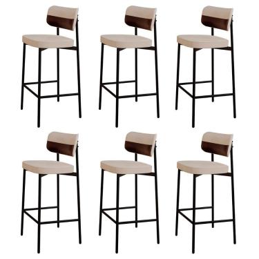 Imagem de Banqueta Alta Bar Estofada Kit 6 Ella M25 Linho Areia-café - Mpozenato