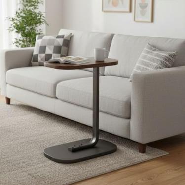 Imagem de Mesa Lateral Decorativa Multifuncional, Base Metálica, Tampo Oval em Madeira para Sala de Estar e Quarto (Marrom)