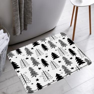 Imagem de Tapete de banho Merry Christmas, árvore de Natal, estrela, preto, branco, desenho animado, ano novo, inverno, férias, banheiro, banheira, tapete, decoração de vaso sanitário, 45,7 x 76,2 cm