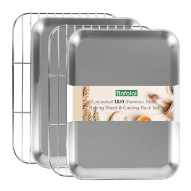 Imagem de Bofolai Assadeira de aço inoxidável 18/0 com grade de resfriamento, folhas de biscoito não tóxicas seguras para forno, conjunto de 4, sem revestimento e resistente à ferrugem para assar uma família