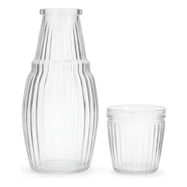 Imagem de Jarra de Vidro com Copo, Moringa para Água e Suco, 1 Litro de Capacidade, Design Canelado, 25cm Altura