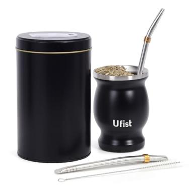 Imagem de Ufist Conjunto de copos de erva mate, kit de cabaça tradicional de 5 peças com recipiente de chá, 2 bombillas, escova de limpeza (preto)