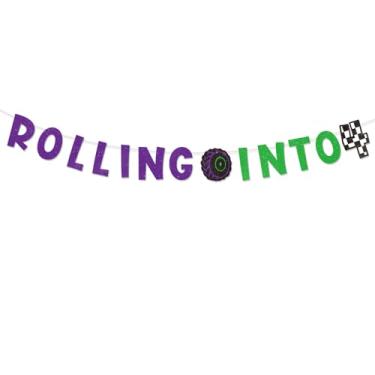 Imagem de SAVITA Rolling Into Birthday Banner, Grinalda Carro Corrida Roxa & Verde com Glitter Decorações Festa de Corrida Legais Montagem DIY Grinalda para Meninos Tema Caminhão Festa (Número 4 Quadriculado)