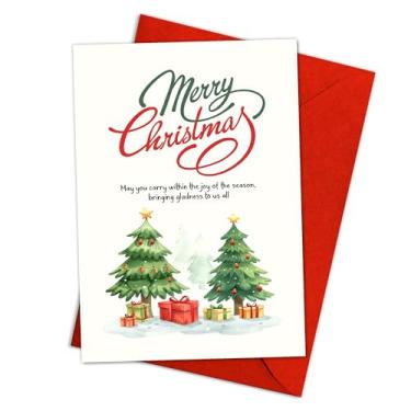 Imagem de Podagree Cartão de Feliz Natal para amigos, familiares ou colegas de trabalho, árvores verdes festivas com presentes e mensagem de Natal sincera do Papai Noel secreto ou entes queridos – 20 x 13 cm