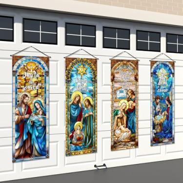 Imagem de Panelee 4 peças de faixa de alpendre de presépio de Natal estilo vitral para decoração de parede religiosa Natal Jesus varanda pano de fundo para decoração de parede de igreja interna e externa