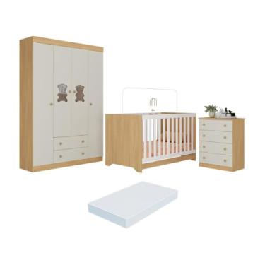 Imagem de Quarto de Bebê Completo Berço Americano 3 em 1 Colchão Teddy Multimóveis Mp4664 Madeirado/off White