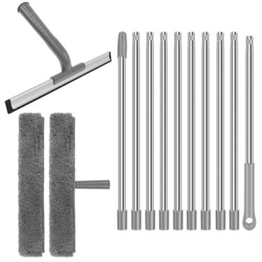 Imagem de ZJRDYYK Ferramenta de limpeza de janela de rodo, ferramenta de limpeza de janelas com haste de extensão ajustável de 4 m e raspador substituível para janelas de porta de vidro internas externas altas