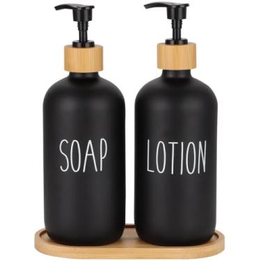 Imagem de Conjunto de dispensador de sabão de vidro Farmhouse Style 473 ml com suporte de madeira, 3 peças