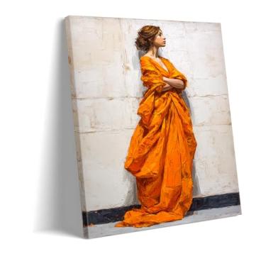 Imagem de CANLUNTE Impressão em tela elegante de vestido laranja - Arte de parede com retrato boho chique e temperamental, arte para sala de jantar e escritório, decoração de casa moderna inspirada no vintage
