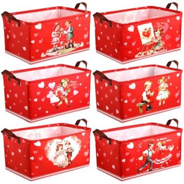 Imagem de CHENGU Pacote com 6 caixas de armazenamento para dia dos namorados, cesta dobrável para presentes, coração vermelho, decoração de férias, grande, caixa de flores dobrável com alça para quarto