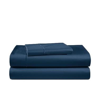 Imagem de LANE LINEN Lençóis de cama solteiro 100% algodão egípcio, lençóis longos de algodão mercerizado, conjunto de lençóis de bolso profundo de 38 cm, costuras francesas reforçadas - azul estate