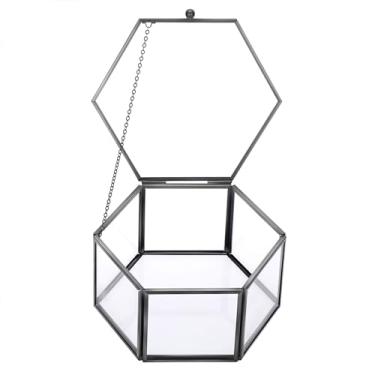 Imagem de Hipiwe Caixa de joias de vidro vintage - organizador de joias hexagonal preto caixa de lembrança caixa decorativa para casa caixa para armazenamento anel bugiganga brinco peito, grande