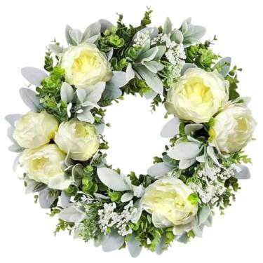 Imagem de Guirlanda de mola de 50 cm para porta da frente, folhas verdes e flores brancas, decoração floral redonda falsa para casa ao ar livre, fácil de pendurar