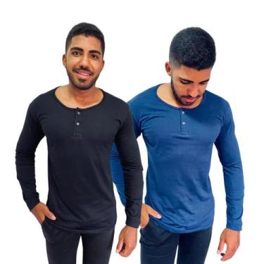 Imagem de Kit 2 Camisa Henley Masculina Slim Manga Longa 100% Algodão Linha Prem