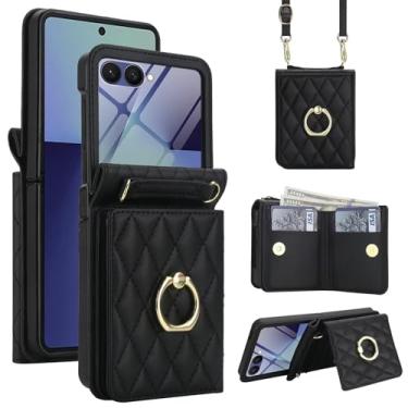 Imagem de AJDJTEN Capa carteira de telefone para Samsung Galaxy Z Flip 7 moda bolsa de couro PU capa transversal com anel protetor de tela cordão ajustável slot para cartão suporte magnético para mulheres