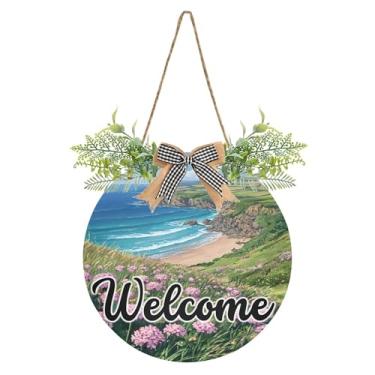 Imagem de SEHANY Placa de boas-vindas de flores e mar, decoração de porta da frente, guirlanda de boas-vindas redonda para decoração de casa de fazenda, varanda e pátio, 30 x 30 cm