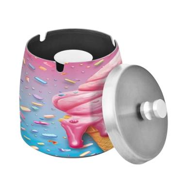 Imagem de Blueangle Cinzeiro de sorvete fofo com tampa para cigarros, à prova de vento/à prova de chuva, aço inoxidável, sem fumaça, inodoro, cinzeiro para uso interno ou externo (288)