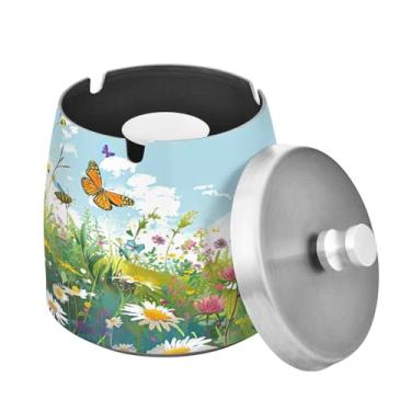 Imagem de Blueangle Cinzeiro de flores silvestres em aquarela com tampa para cigarros, à prova de vento/chuva, aço inoxidável, sem fumaça, inodoro, cinzeiro para uso interno ou externo (342)
