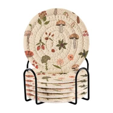 Imagem de GakkiGii Conjunto de 6 porta-copos redondos absorventes de cogumelos e ervas com suporte, porta-copos de tecido para mesa de centro, bar, decoração de cozinha
