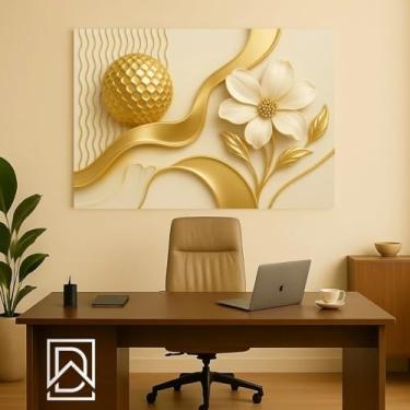 Imagem de Quadro Decorativo Grande Flor Dourada Luxo | Arte Moderna para Sala Cozinha Quarto Escritório | Decoração Elegante Parede | Design Minimalista Premium Home Decor Presente
