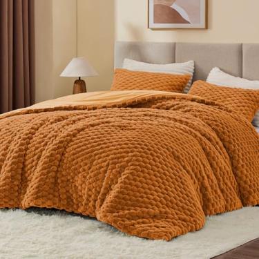 Imagem de BEDELITE Conjunto de edredom fofo King Size – Conjunto de edredom macio de lã laranja queimado para cama king size, conjunto de cama quente de luxo para o inverno, conjunto de cama felpuda 3 peças (1