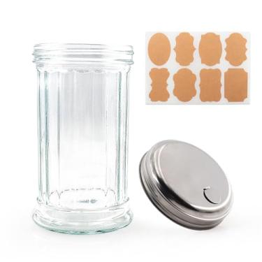 Imagem de RUIQINQI Dispensador de coqueteleira de vidro estilo retrô de 340 g, frasco de vidro, agitador de açúcar, tampa de aço inoxidável, para açúcar/canela/pólen de abelha/pimenta e outras especiarias