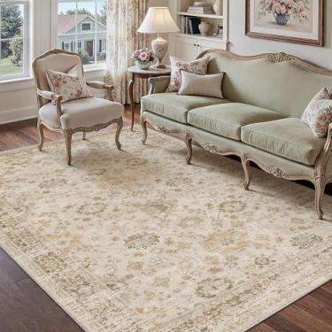 Imagem de PureCozy Tapete bege 12 x 18 cm, antiderrapante, vintage, para sala de estar, desgastado, lavável à máquina, retrô, interior, quarto, floral, tradicional, para escritório, cozinha, dormitório, sala de