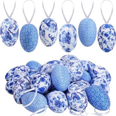 Imagem de Wenqik 24 peças de ovo de Páscoa pendurado chinoiserie azul e branco enfeite de ovo de Páscoa enfeite de árvore de Páscoa Chinoiserie ovo de Páscoa decoração de Páscoa para árvore festa de Páscoa
