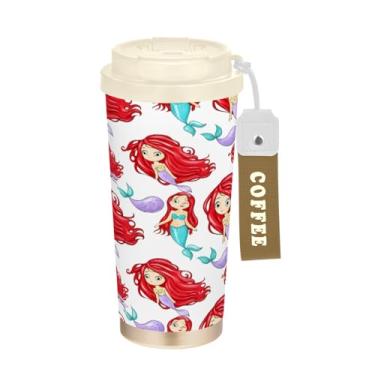 Imagem de STAYTOP Linda caneca de café isolada sereia de desenho animado de 482 g, copo de café reutilizável de aço inoxidável com tampa flip à prova de vazamento à prova de vazamento para escritório, escola