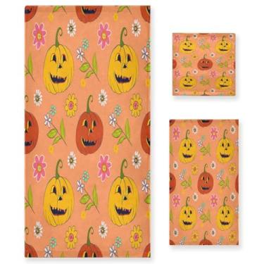 Imagem de Wassud Pumpkins Retro Flowers Conjunto de 3 toalhas de banho, toalhas super macias e absorventes para banheiro, toalhas de banho de secagem rápida, toalha de banho para academia, spa, hotel
