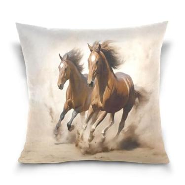 Imagem de Wassud Capa de almofada decorativa de dois cavalos galopantes, 50 x 50 cm, para sofá, casa, casa de fazenda, decoração de quarto