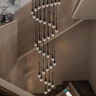 Imagem de Lustre de cristal pendente para escada de 381 cm (150") de comprimento, com 36 luzes, coluna preta, lustre de cristal para hall de entrada com pé direito alto, luminária LED dimerizável de 2
