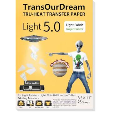 Imagem de TransOurDream-Papel de transferência Tru-Heat para camisetas (25 folhas, 21,6 x 28 cm, claro 5,0) Vinil de transferência de calor HTV imprimível para impressora jato de tinta ferro em transferências