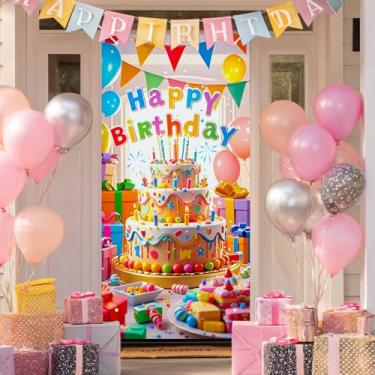 Imagem de HOMETITUTE Capa de porta de aniversário 188 x 89 cm com tema colorido de bolo e doces, faixa de aniversário para decoração de festa infantil, placa de fundo de presente para meninos e meninas