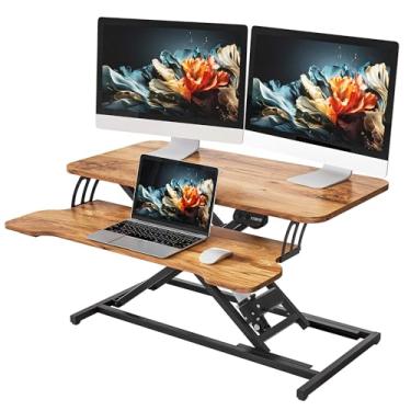 Imagem de YIHAYO Conversor elétrico de mesa de 81 cm, elevação de mesa ajustável para sentar para ficar em pé, suporte rápido para mesa, monitor duplo com bandeja de teclado, marrom rústico