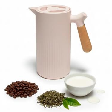 Imagem de Jarra Garrafa Termica Nordica 1L Canelada Cabo De Madeira P/Bebida Fria E Quente Café, Chá, Leite, Água, Suco C/Botão Gatilho Trava e Destrava Bule Térmico Mantém Temperatura até 6 horas (ROSA)