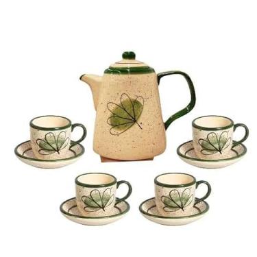 Imagem de Jogo de Chá ou Café Artesanal em Cerâmica com Bule 1,2L e 4 Xícaras 100ml com Pires – Pintado à Mão(Verde/Ruta)