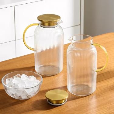 Imagem de Pacote com 2 jarras de vidro de 2 litros com tampa, jarro de água de vidro de 1,927 g, jarro de geladeira com alça para café gelado, chá, chá, bebida resistente ao calor
