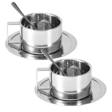 Imagem de Hapivida Conjunto de 2 xícaras de café de aço inoxidável, conjunto de xícaras de café isoladas de 200 ml/198.4 g canecas de chá de leite com pires de colher