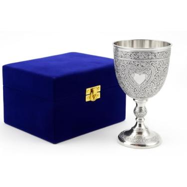Imagem de Cálice de vinho de latão medieval de cálice antigo, padrão ornamental em relevo, perfeitamente adequado para presentes, decoração de casa e fins cerimoniais, batismo (caixa de veludo azul)