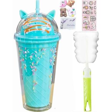 Imagem de windyswag Copo de viagem Cat Donut com canudos Sorriso Donut Ice Drinkware Garrafa de água brilhante Caneca de café infantil reutilizável copo de plástico presente de aniversário (gato donut azul)