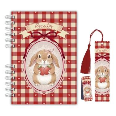 Imagem de Caderno de Receitas Coelho Vintage com Morangos A5 Capa Dura Wire-O com Elástico – 174 Páginas | Marcadores com Tassel e Magnético fundo Toalha Italiana Xadrez Vermelho e Coraçoes