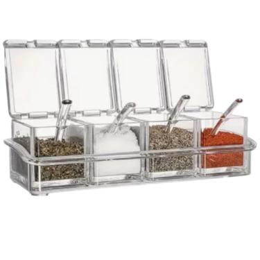 Imagem de Porta Temperos E Condimentos Em Acrílico, 4 Potes de Policarbonato Inquebrável, 60mL Cada, Transparente, Com Colheres, Sistema de Prateleira, Para Cozinha